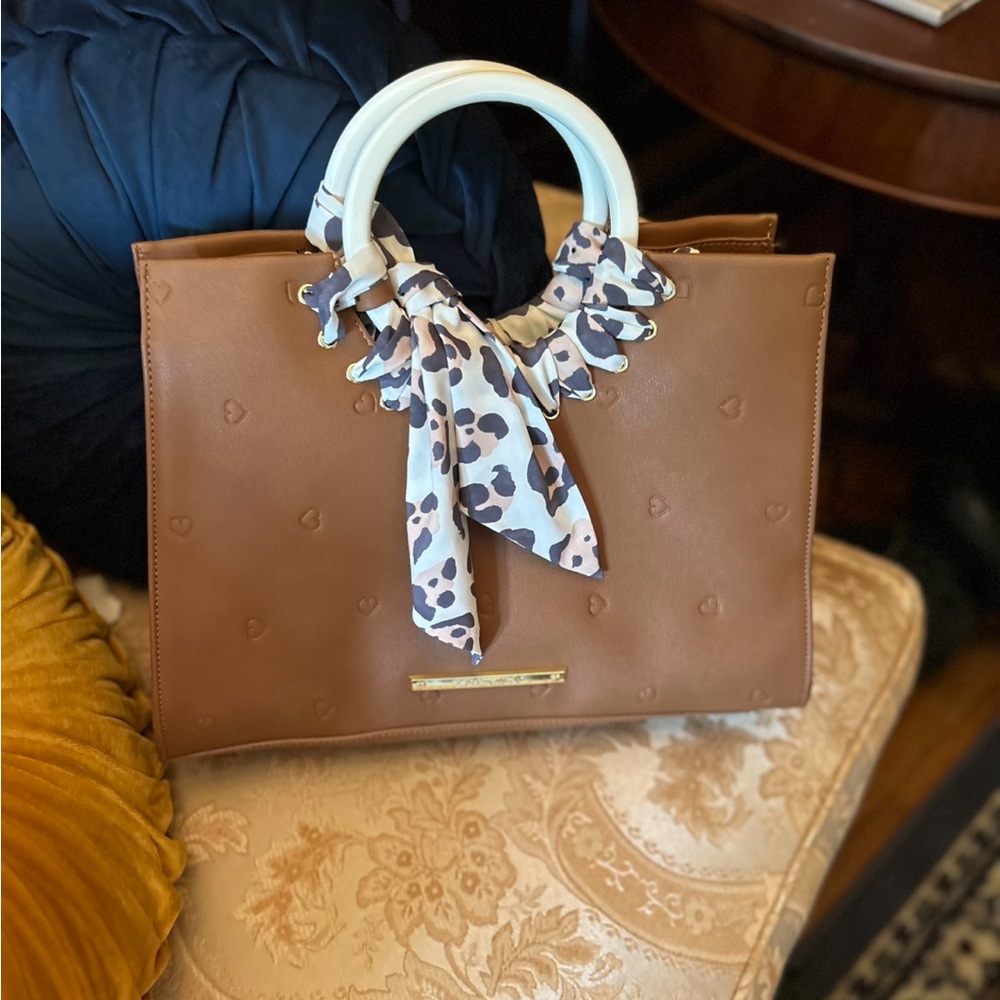 Betsey Johnson Brown and White Satchel with Chain Detail